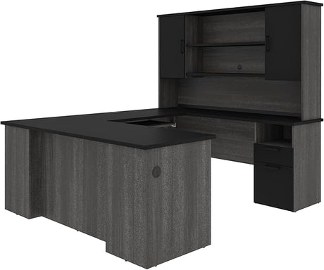 Norma U or L Shaped Executive Desk with Hutch in Black and Bark Gray