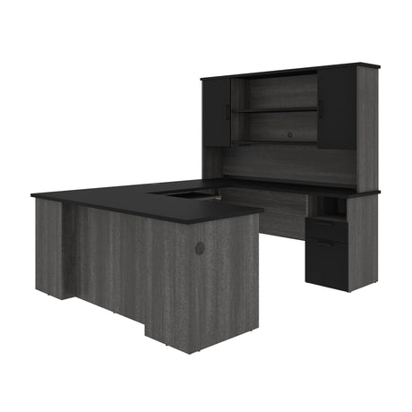 Norma U or L Shaped Executive Desk with Hutch in Black and Bark Gray