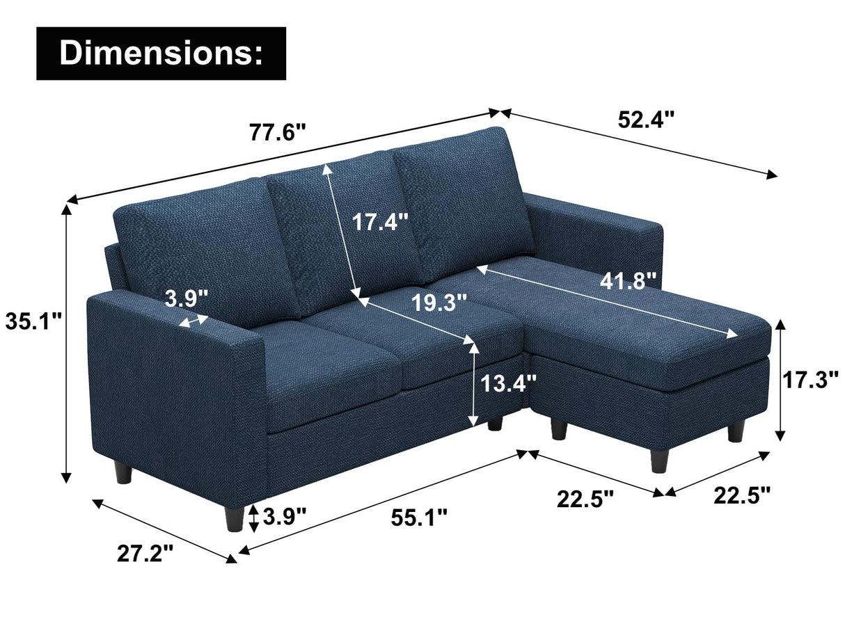 Convertible Sectional Sofa, L Shaped Modern Couch, Small Couch with Reversible Chaise