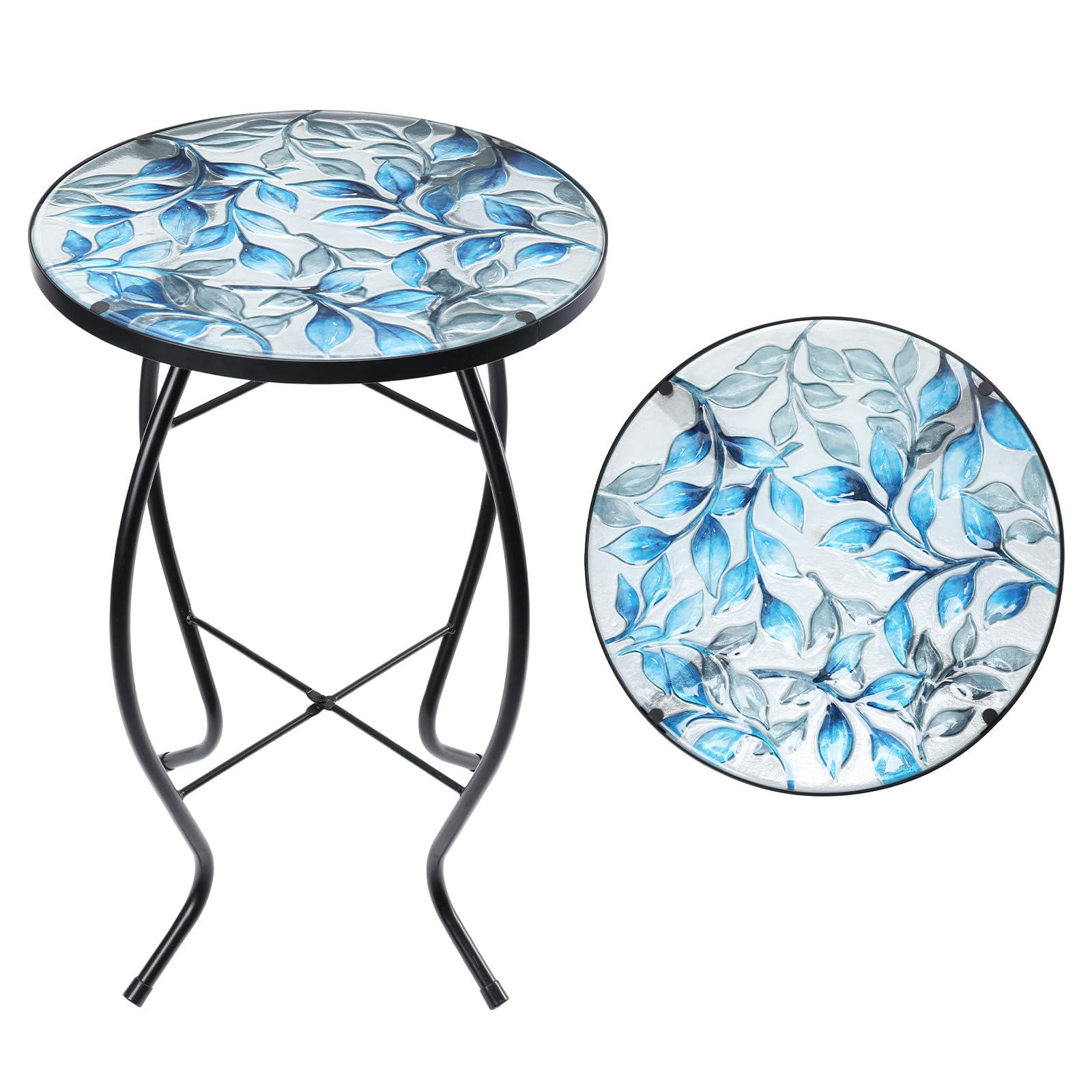 MUMTOP Side Patio Tables - Mosaic Outdoor Side Table - 14’’ Blue and Transparency Leaf Glass Accent Round EndTable, Plant Stand Indoor Small CoffeeTable for Garden or Living Room Decor - Bircata