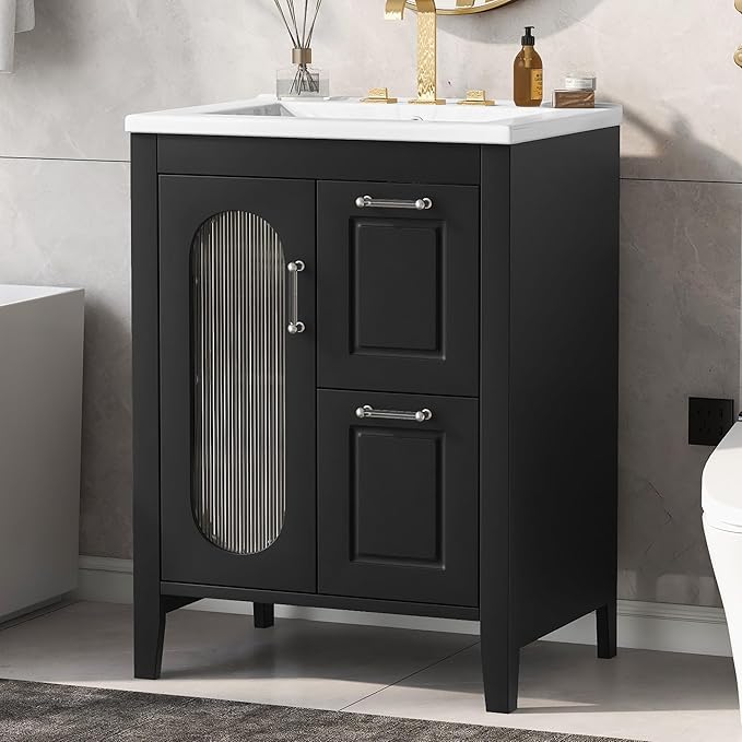 24" Bathroom Vanity with Sink, Free Standing Single Basin Vanity Set with Two Drawers