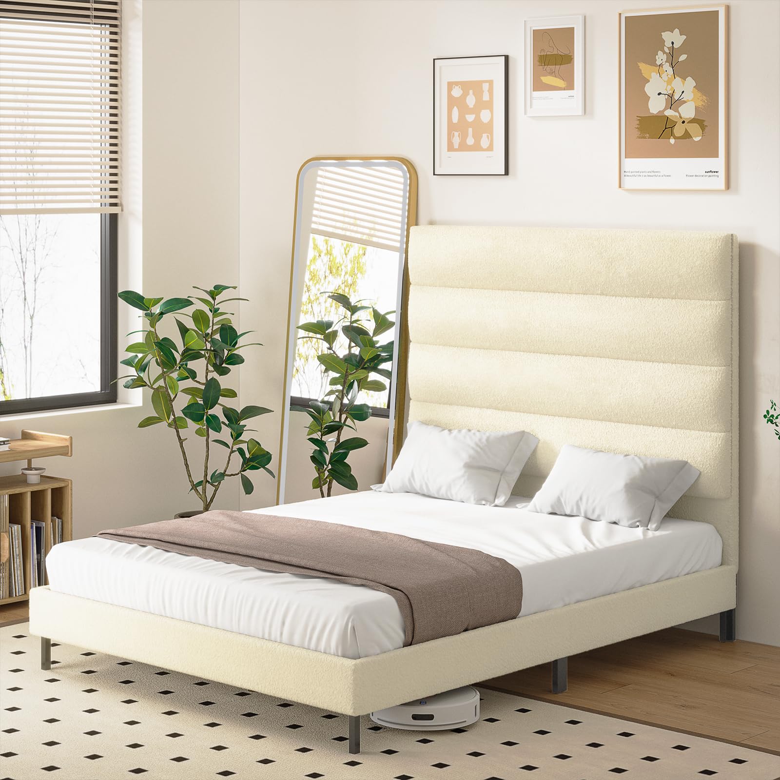 Tall Headboard Bed Frames, 61.1" Queen Size Bed Frame with Cashmere Upholstered,