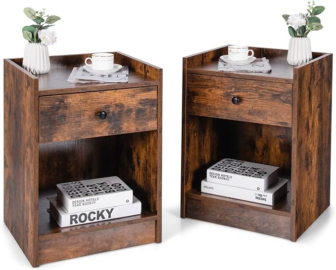 Nightstands Set of 2, Wood Bedside Tables with Storage Drawer and Open Shef, 17" L x 16"