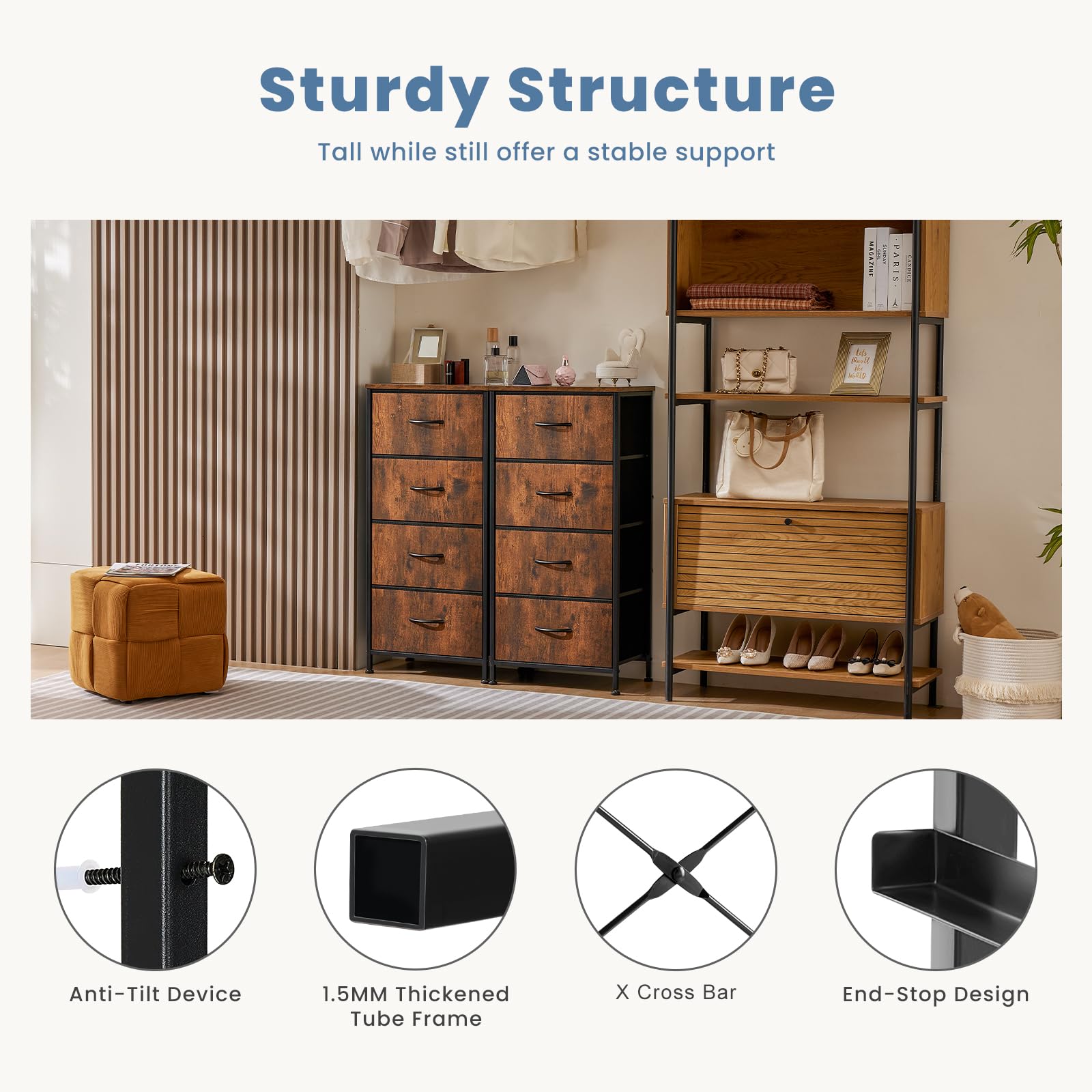 Elevon Dresser for Bedroom with 4 Drawers, Storage Drawers, Skinny Fabric Storage Tower, Tower Organizer Unit, Chest of Drawers with Wooden Top for Closet, Living Room, Entryway