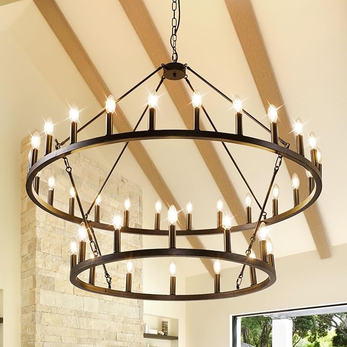 55 Inch Black and Gold Wagon Wheel Chandelier, 2 Tier 48-Lights Farmhouse Dining Room