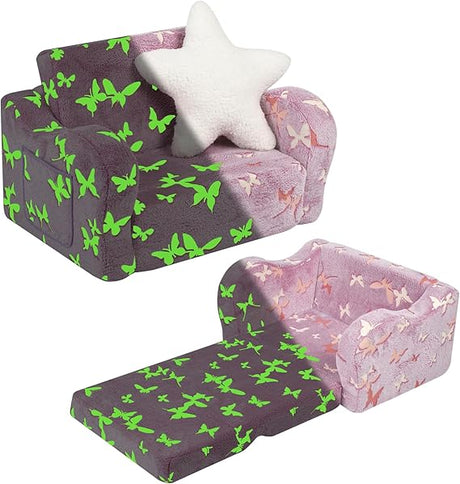 Star Glow in The Dark Toddler Couch, 2-in-1 Toddler Soft Couch Fold Out with Star Pillow