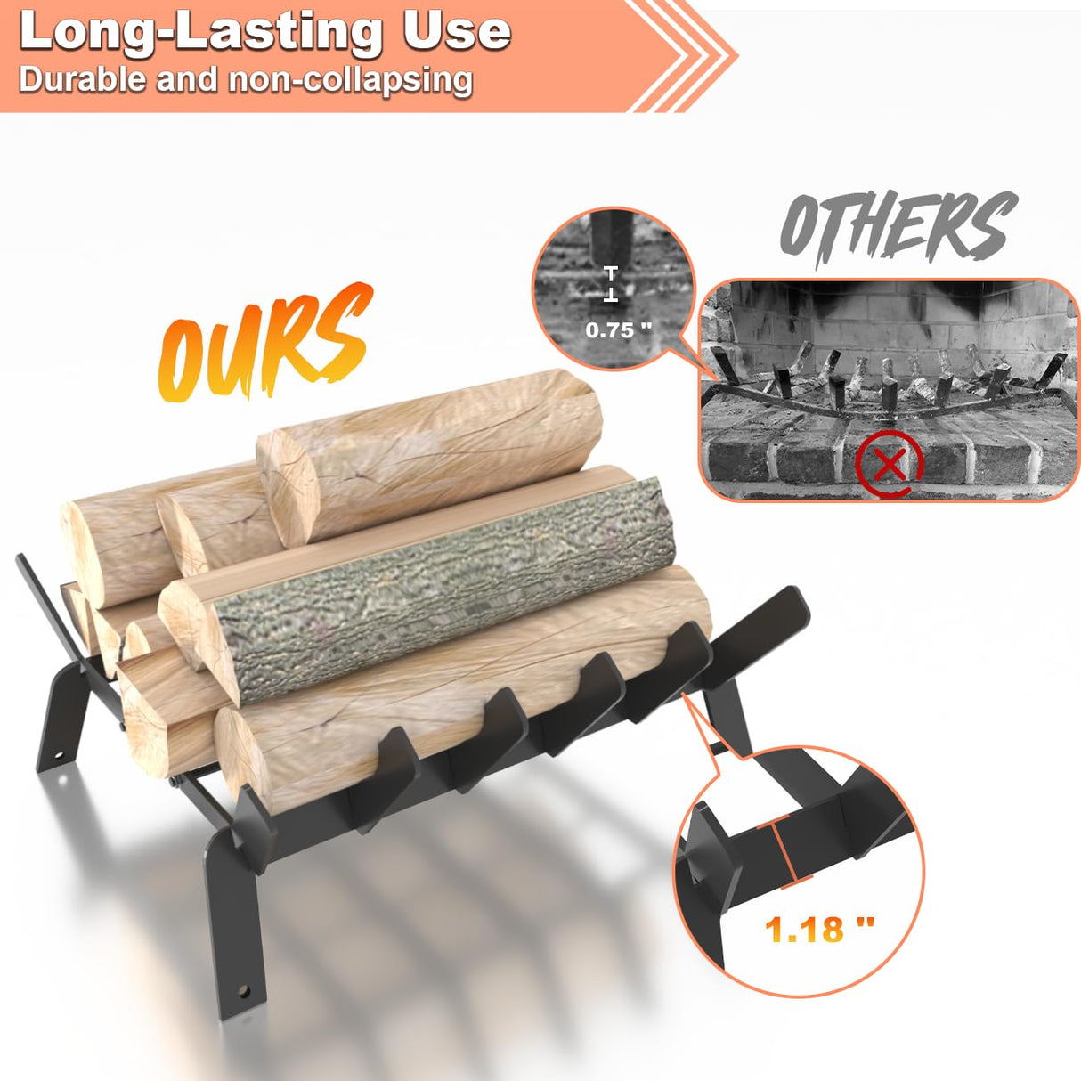 17 Inch Heavy Duty Fireplace Grate, Small Fire Wood Log Burning Rack Holder