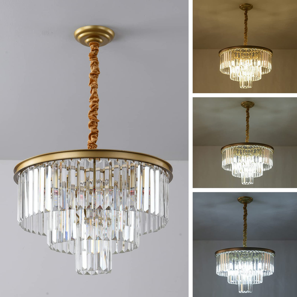 Gold Modern Crystal Chandelier, 3-Tier Round Flush Mount Ceiling Light Fixtures Height