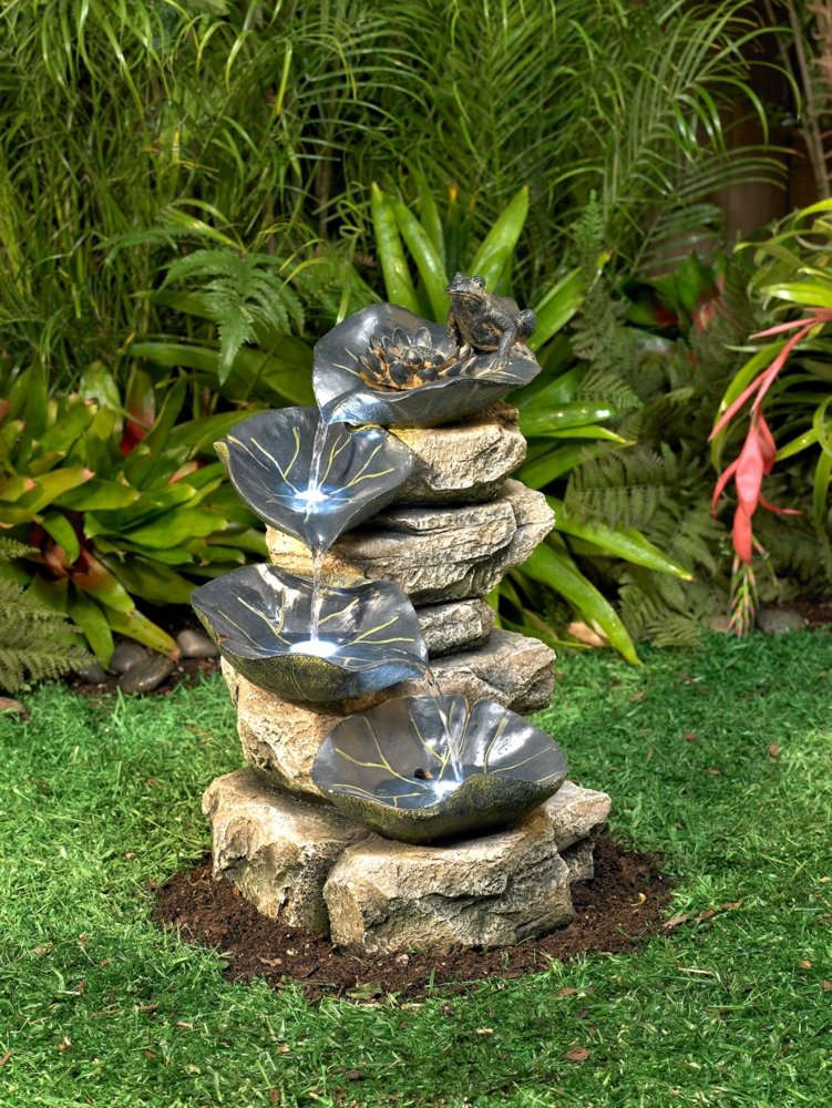 Frog and Four Lily Pad Rustic Outdoor Floor Water Fountain 21" High with LED