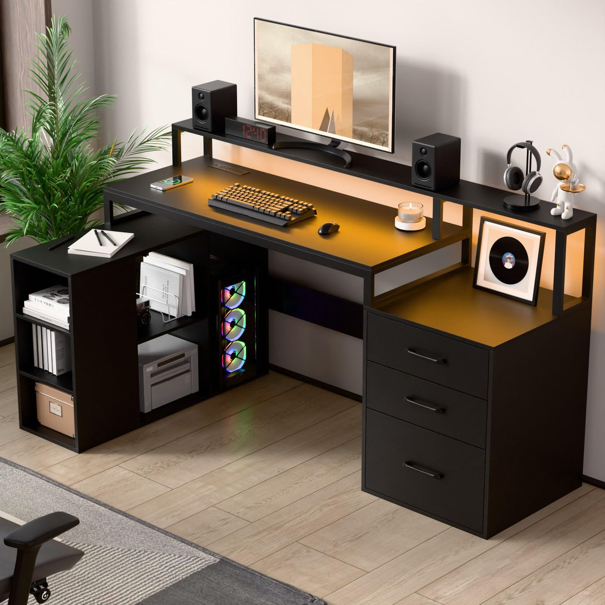 L Shaped Computer Desk with 3 Drawers, 65.7" Large Desk with Power Outlet