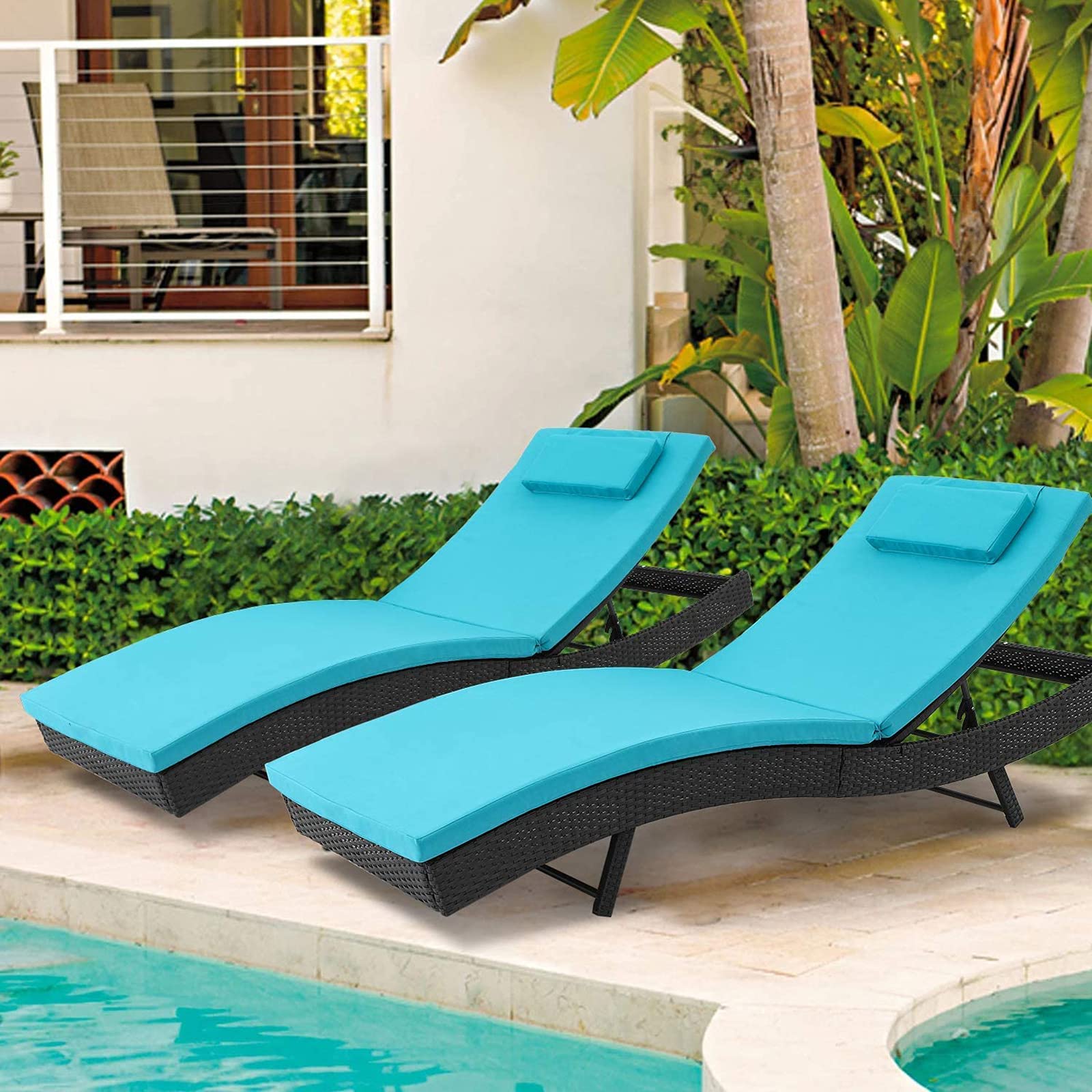 Outdoor Lounge Chair, Patio Wicker Adjustable Backrest Double Chaise Lounge