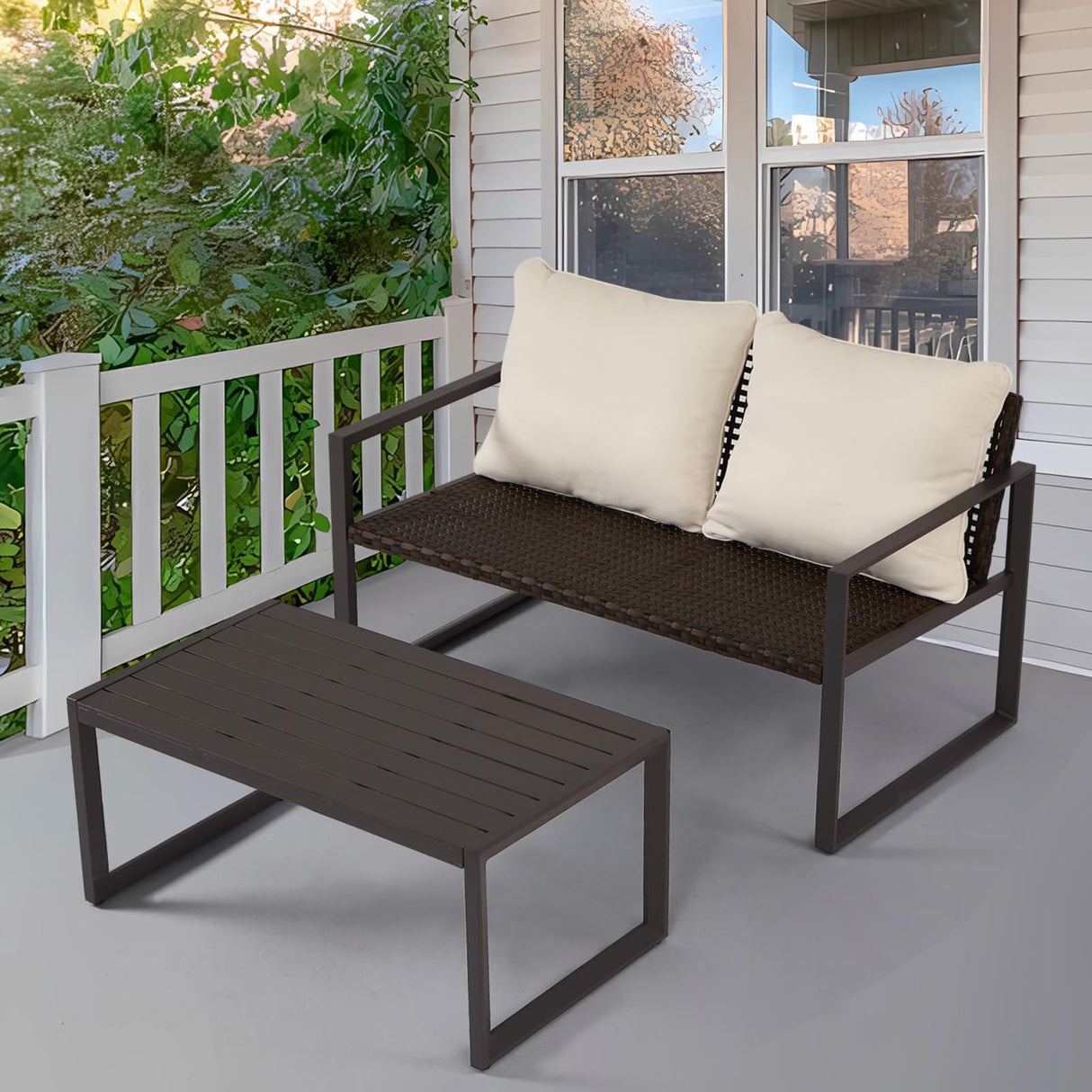 Wicker Outdoor Loveseat with Coffee Table, Coversation Set with Removable Cushion