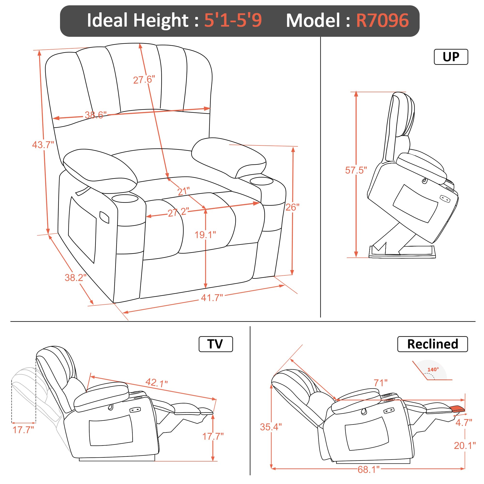 MCombo Power Lift Recliner Chair Sofa with Massage and Heat for Big Elderly People, USB Ports, Side Pockets, Fabric R7096 (Medium-Wide, Coffee)