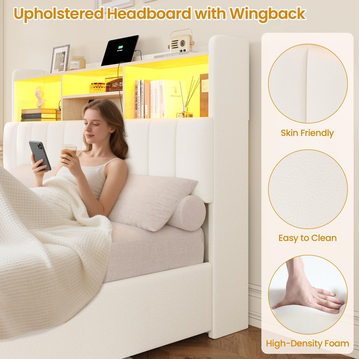 Full Size Bed Frame with Bookcase Headboard and Storage Drawers