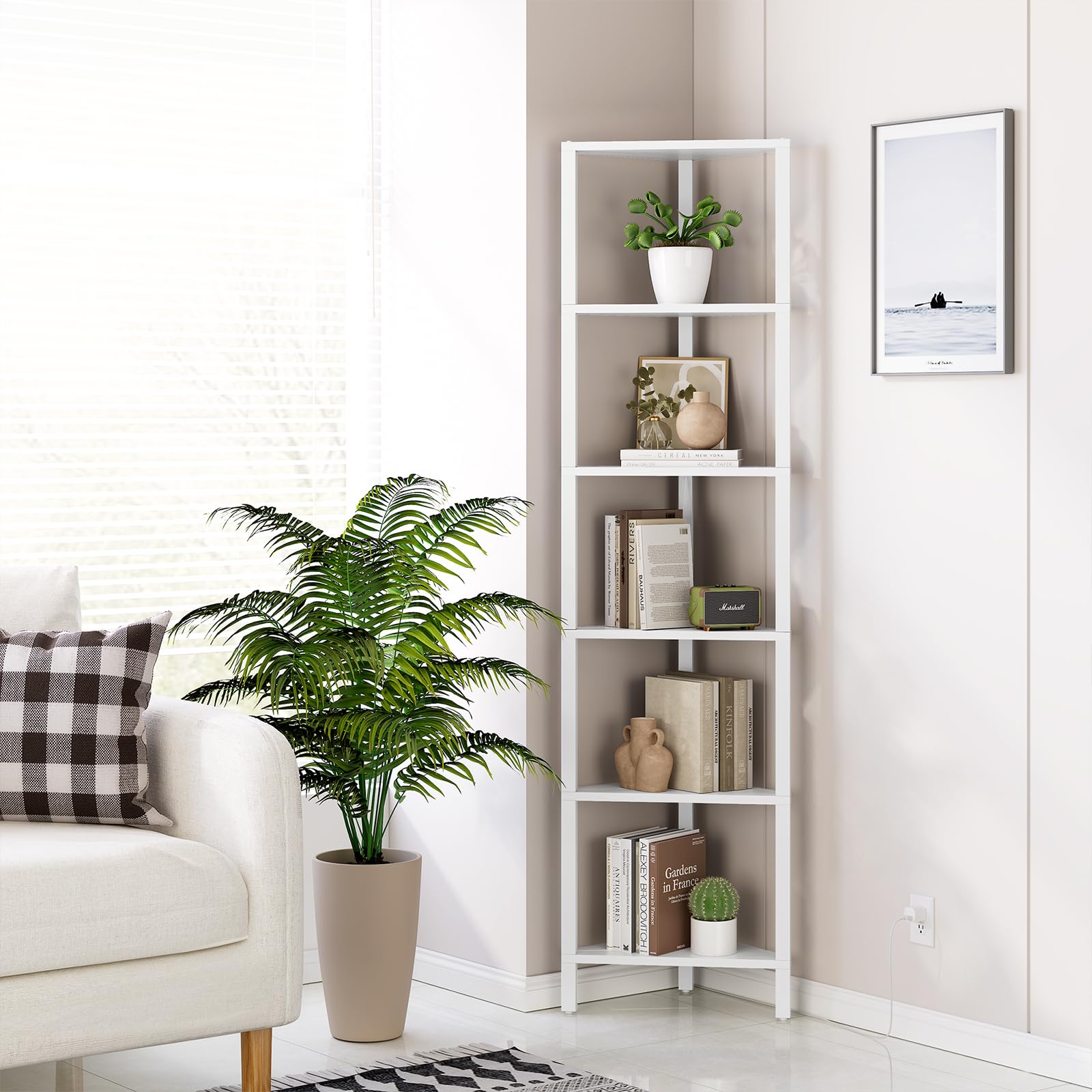 Corner Shelf with LED Light, 6-Tier Corner Bookshelf for Small Space, Narrow Display C