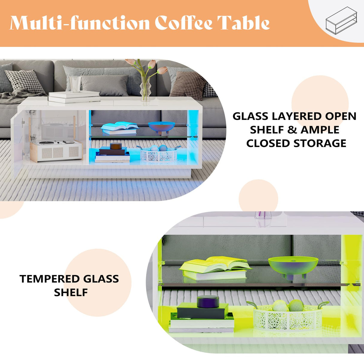 3-Piece Modern High Gloss LED Table Set, Coffee Table with 20-Color LED Lights