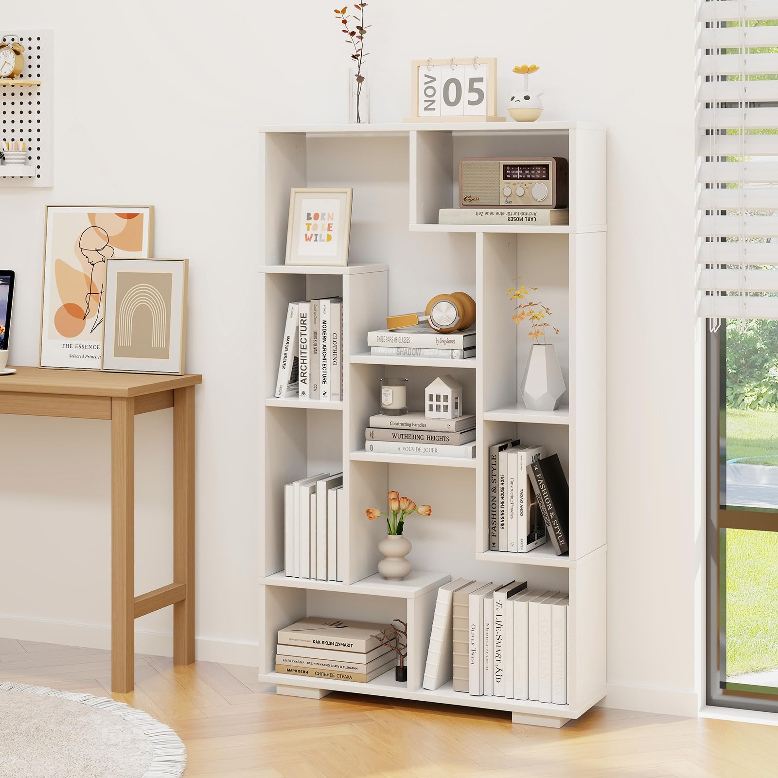 Geometric Bookshelf, 47 Inch Tall Bookcase with Multiple Open Shelves