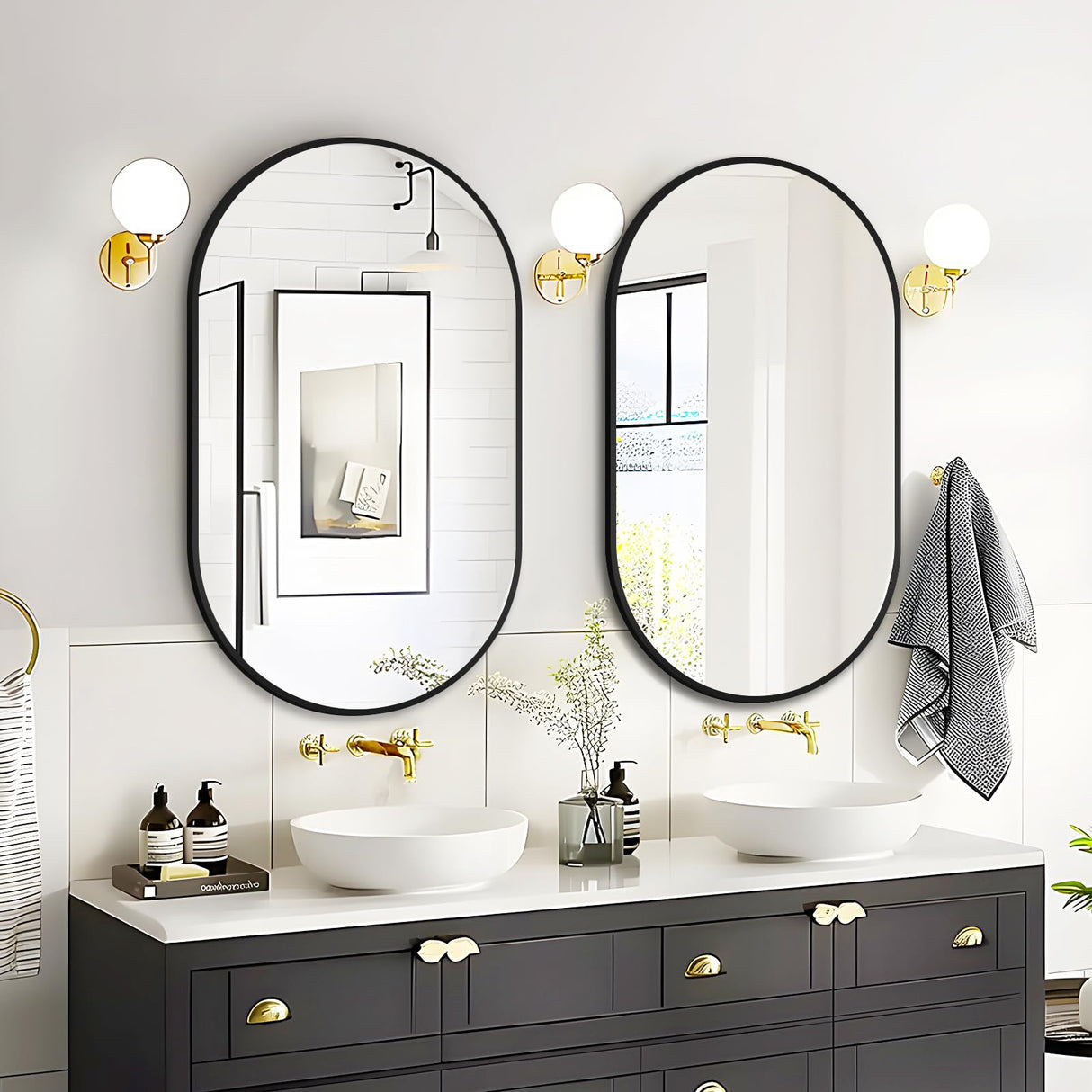 Black Oval Bathroom Mirror for Wall 20x33 - Matte Metal Framed Mirror