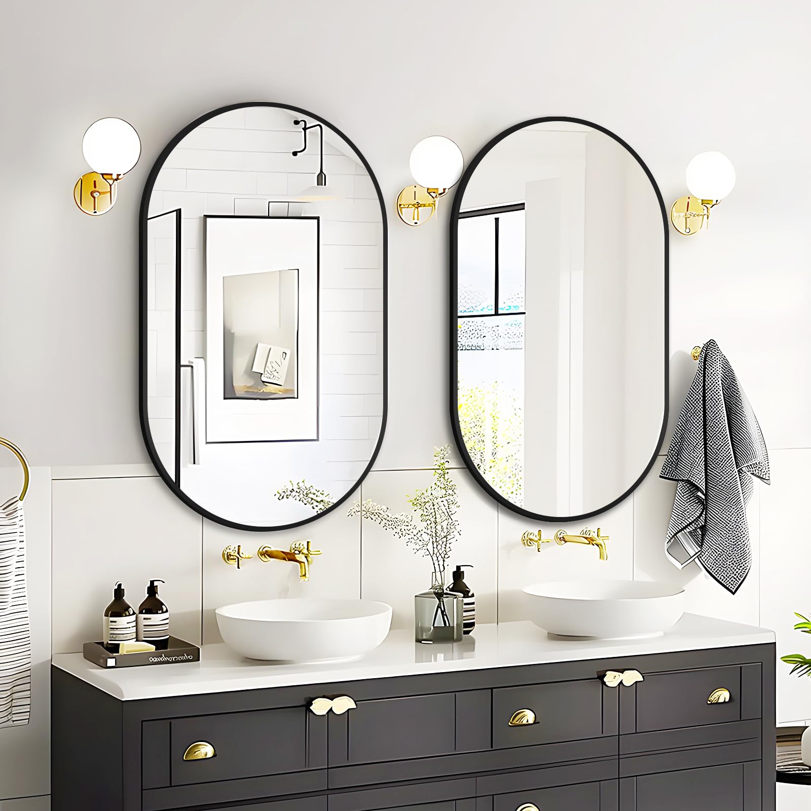 Black Oval Bathroom Mirror for Wall  Matte Metal Framed Mirror