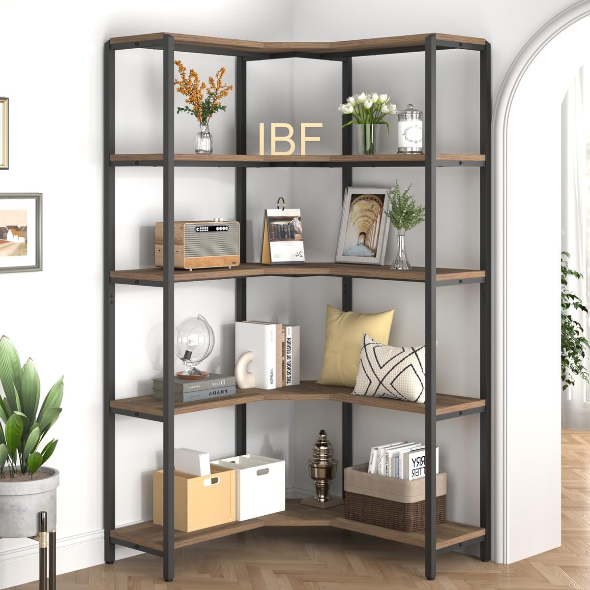Corner Bookshelf with Storage, Tall Industrial L Shaped Book Shelf Organizer, Large