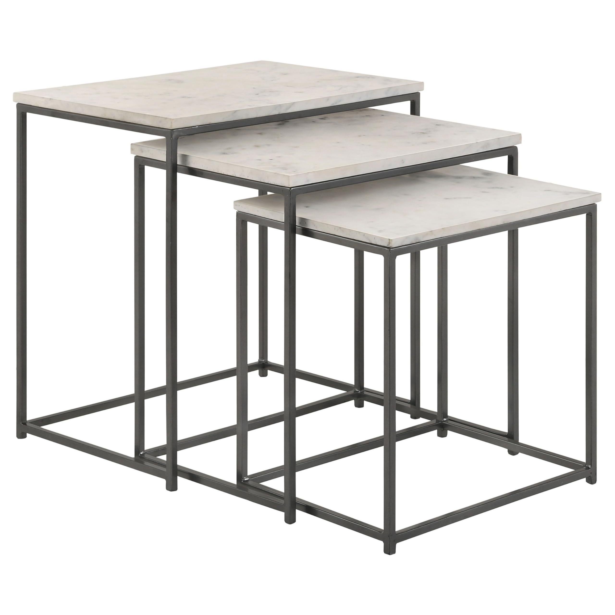Agi 3 Piece Nesting Side Table Set, Square Marble, Metal Frame, Gray and White