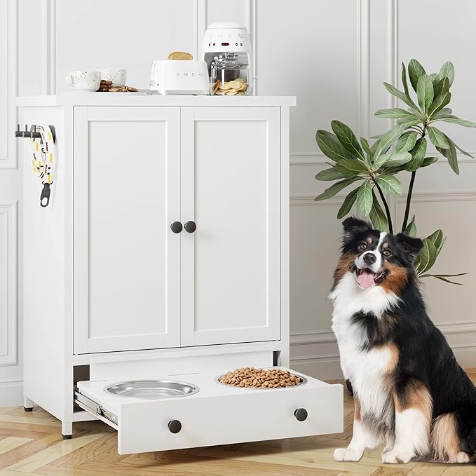 Metal Dog Feeding Station with Storage Cabinet & Elevated Bowls