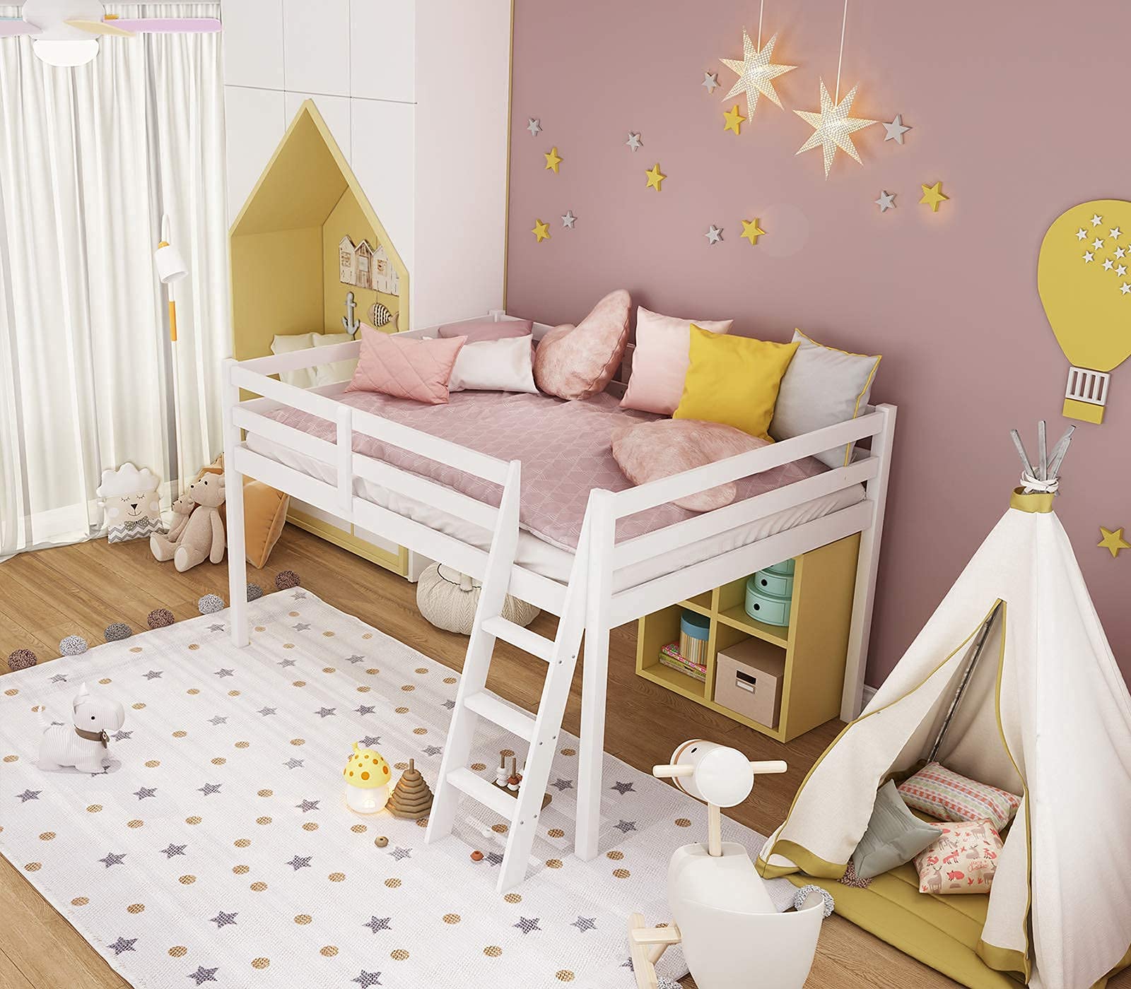 Junior Low Loft Bed with Stairs, White Wood Loft Bed Full Size for Adults, Kids and Young