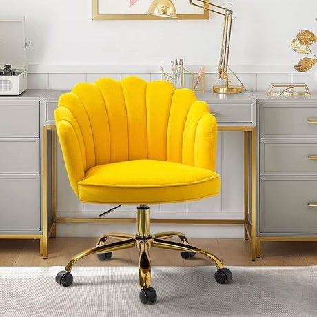 Velvet Home Office Chair with Gold Base, Womans Modern Cute Shell Back Upholstered