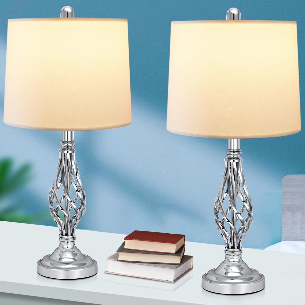 Retro Traditional Table Lamps Set of 2, Spiral Cage Design Chrome