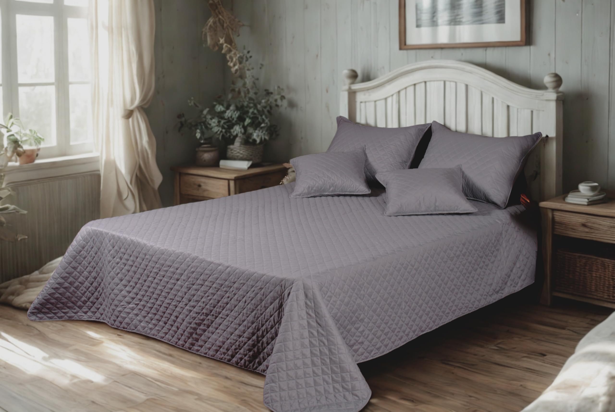 5-Piece Grey Quilted Bedspread Set - Queen Size Diamond Stitch Coverlet