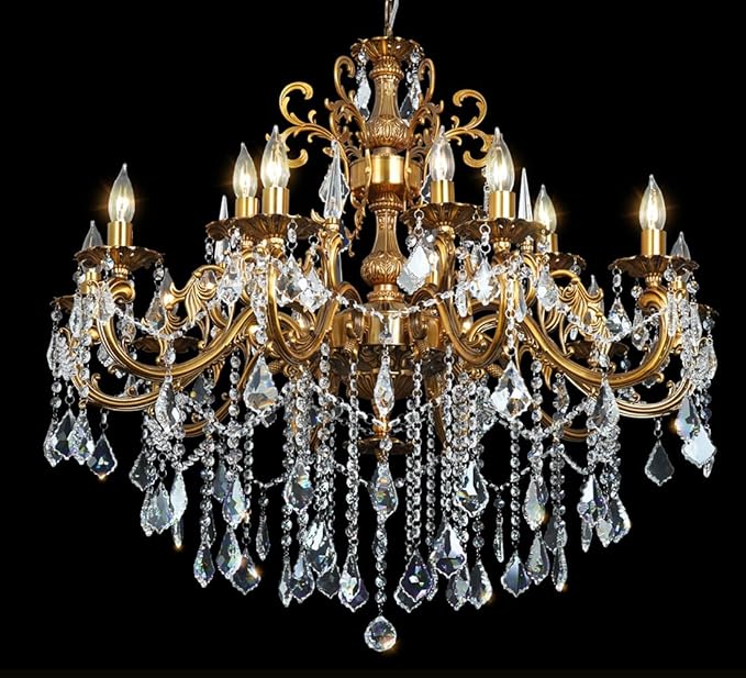 Crystal Chandeliers Antique Gold Farmhouse Chandelier Lighting for High Ceiling 10-Light