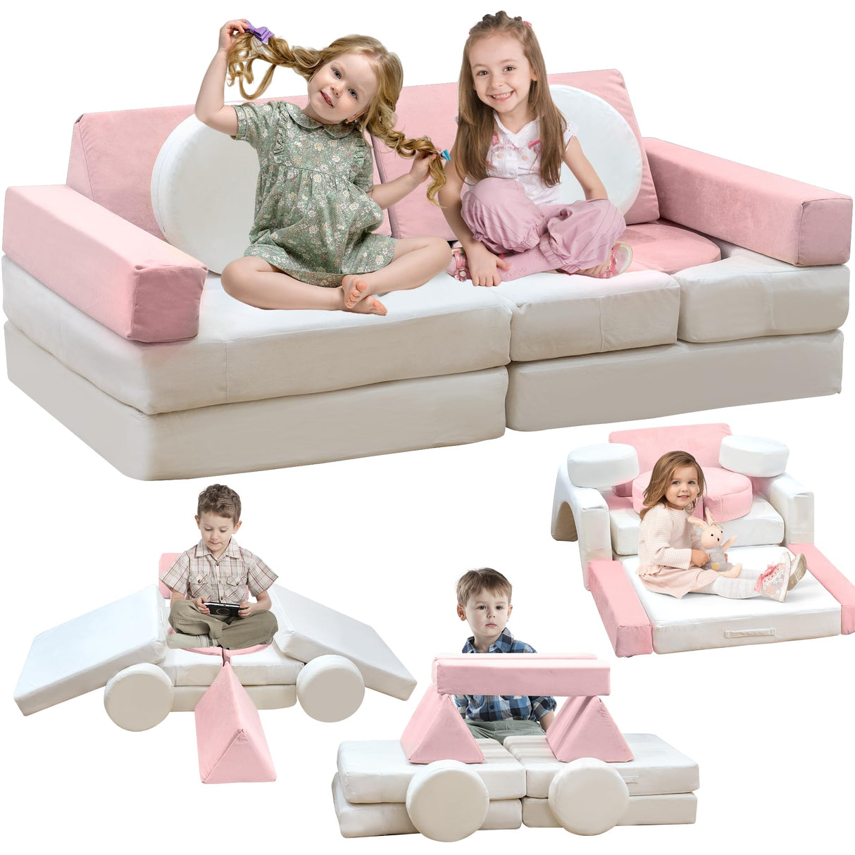 Modular Kids Play Couch, Kids Couch with Washable Velvet Cover, Modular Couch for Boys and Girls, Convertible Foam and Floor Cushion for Nursery Playroom, Pink & Beige