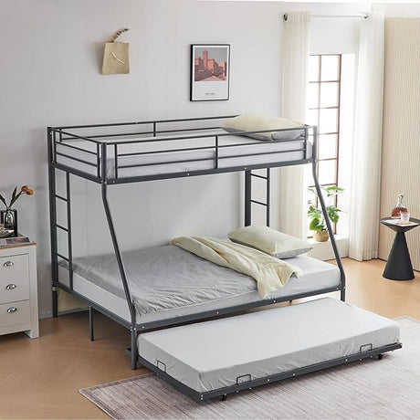 Twin Over Full Bunk Bed with Trundle, Triple Bunk Beds with Metal Frame