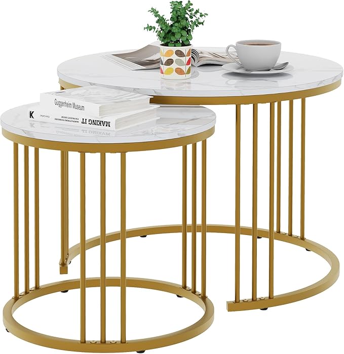 Nesting Coffee Table Faux White Marble for Small Place 24 in 2 Sets High Side End Sofa Table