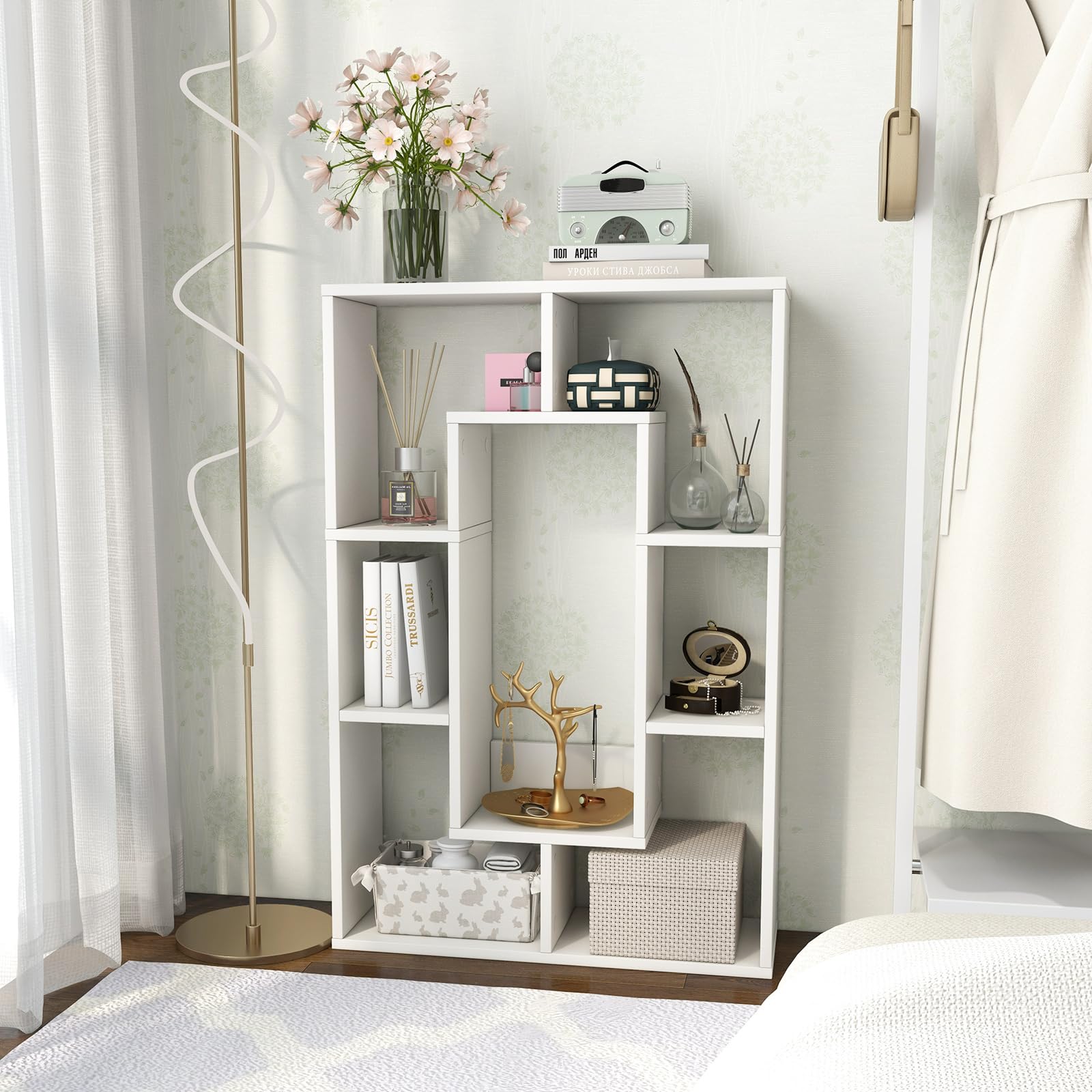 35.5” Geometric Bookshelf, Freestanding Wood Open Bookcase with 7 Cubes, Anti-Toppling Devices, Home Office Décor Rectangular Storage Shelf Display Rack for Study Living Room (1, White)