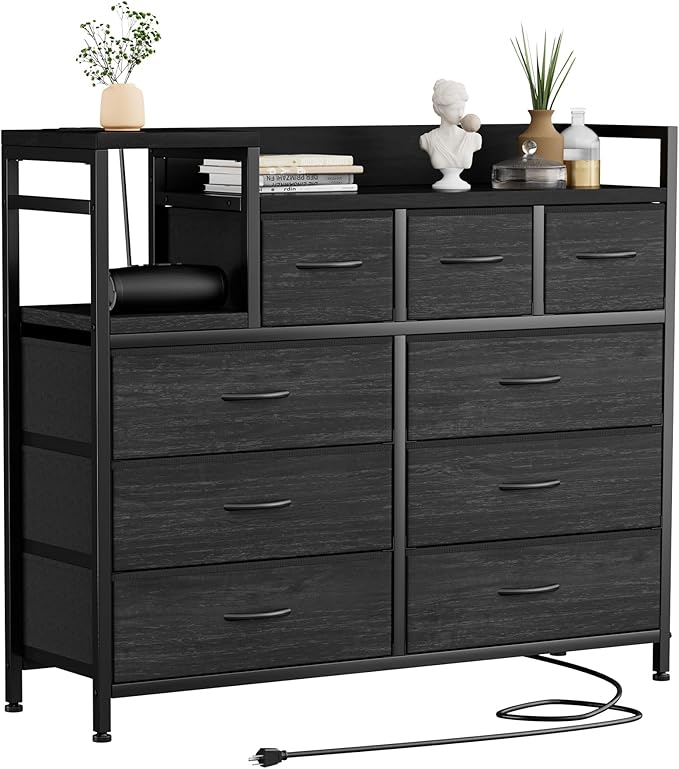 Dresser TV Stand with Power Outlet, Bedroom Dresser with 9 Drawers