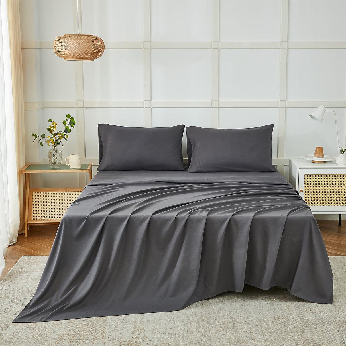 King Size Sheets Set, 4 Piece Microfiber Grey Bed Sheets King Set,Hotel Luxury Super