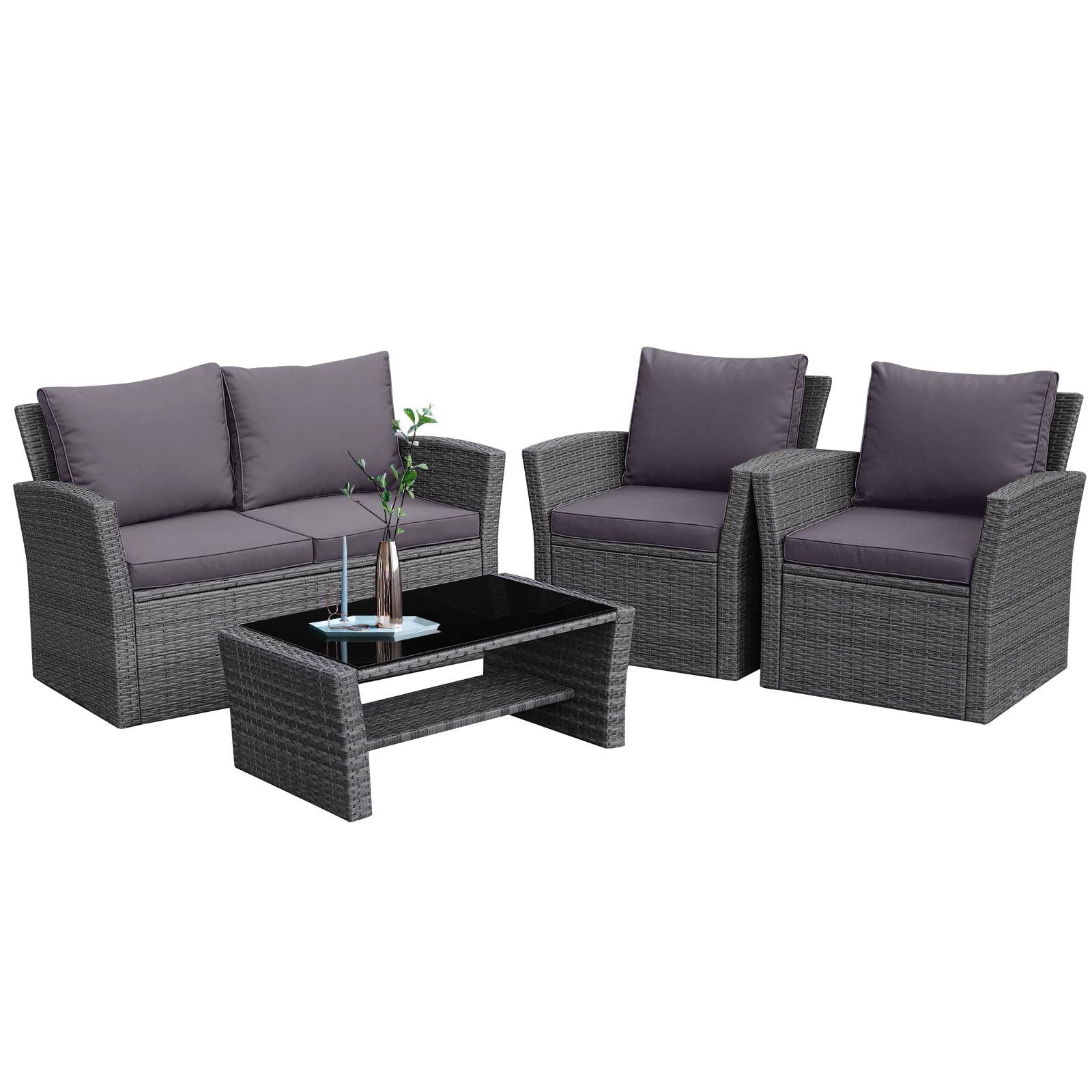 4 PCS Wicker Patio Furniture Set with Soft Cushions & Tempered Glass Table