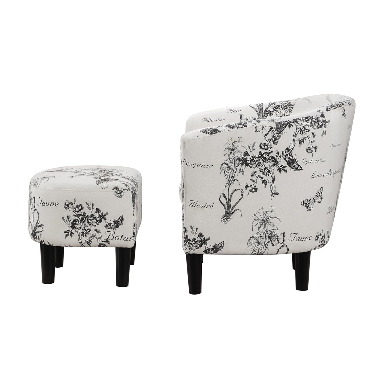 Convenience Concepts Take a Seat Churchill Accent Chair with Ottoman Set 26.25" - Contemporary Classic Mid-Back Barrel Chair with U-Shaped Ottoman for Living Room, Bedroom, Office, Botanical Print