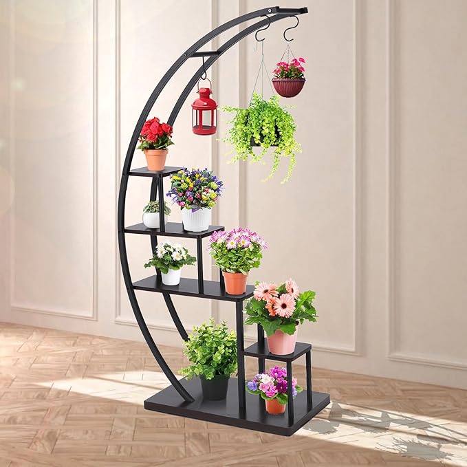 4.7FT Semicircle Indoor Plant Rack, 5 Tier Metal Plant Stand, 24*14*57 IN Thickened Display Flower Rack