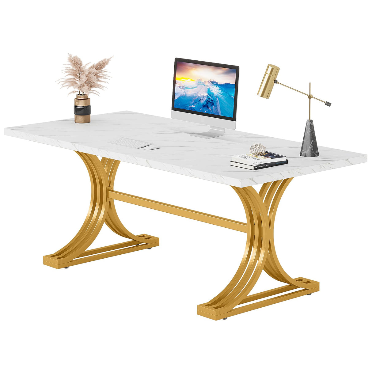 63" Large Office Desk, Modern Rectangle Executive Desks with Stylish Gold Legs,