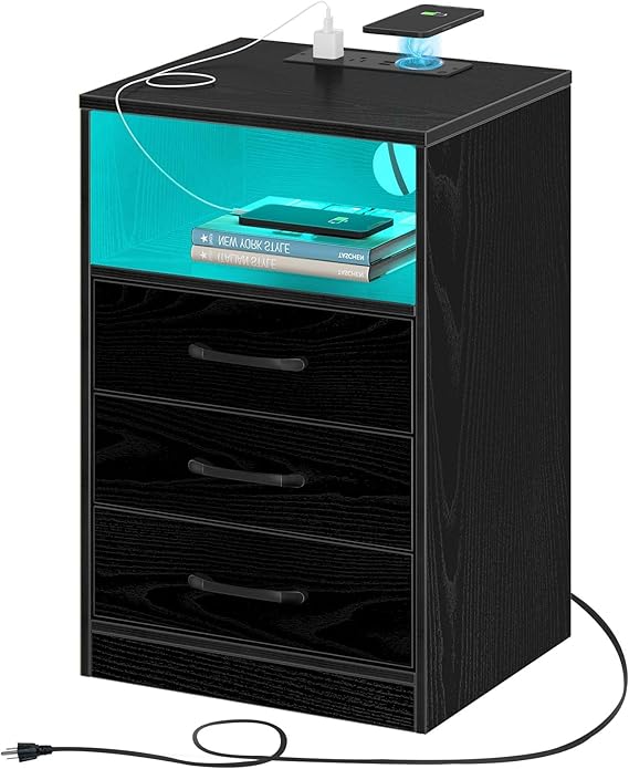 Nightstand with Wireless Charging Station and LED Lights, Modern End Side Table with 3