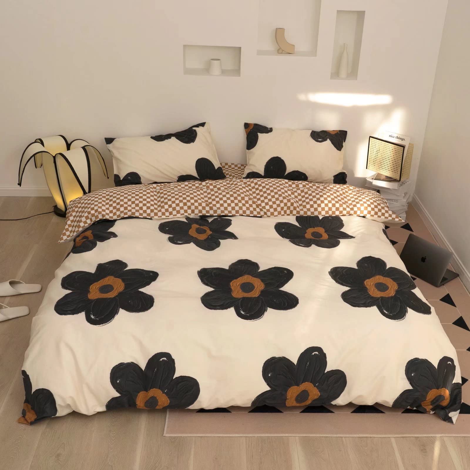Black Floral Comforter Sets Twin Women Girls White and Black Botanical Bedding Sets