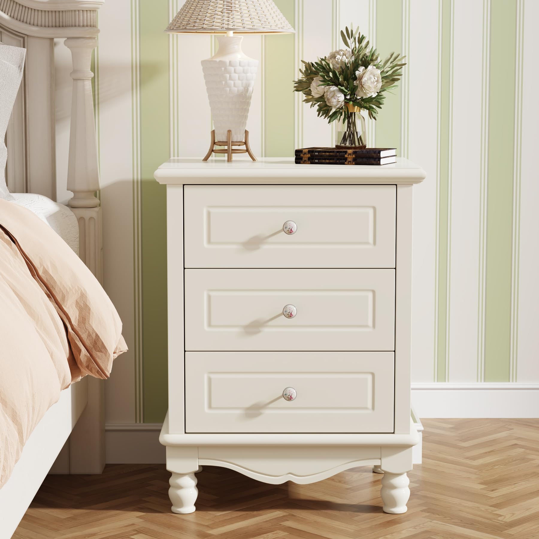 3-Drawer Nightstand, White Night Table for Bedroom, All-Wood Bedside Table