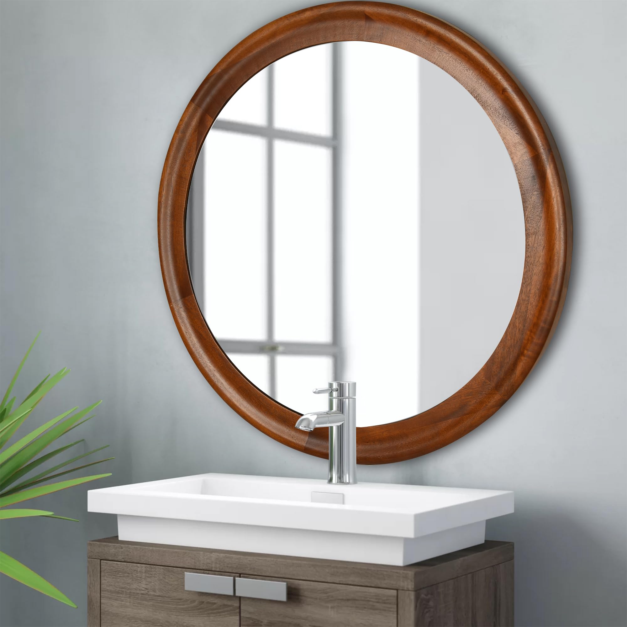 Round Wood Mirror for Wall, Circle Decorative Mirror