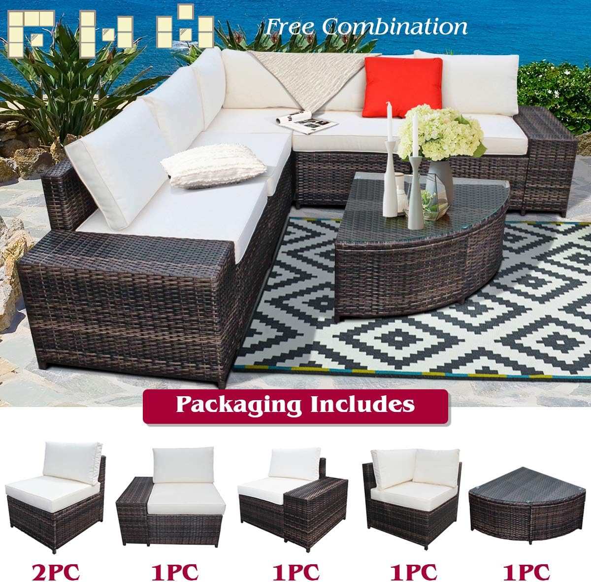 Tangkula 6 Piece Wicker Patio Furniture Set, Outdoor All Weather PE Rattan Conversation Set w/Tempered Glass Coffee Table, Sectional Sofa Set w/Comfortable Cushions for Backyard, Garden (White)