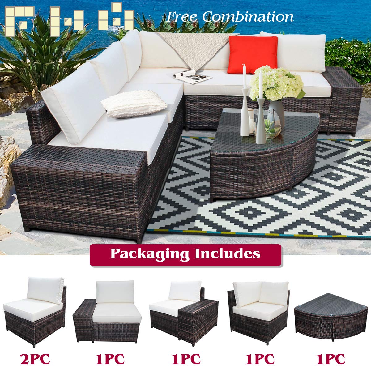 Tangkula 6 Piece Wicker Patio Furniture Set, Outdoor All Weather PE Rattan Conversation Set w/Tempered Glass Coffee Table, Sectional Sofa Set w/Comfortable Cushions for Backyard, Garden (White)