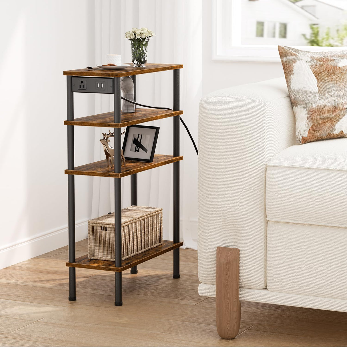 Narrow Side Table with Charging Station, 4 Tier Small Thin Slim End Tables Living Room