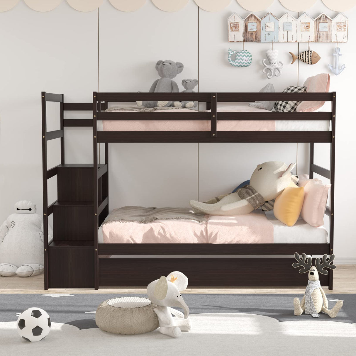 KOMFOTT Twin Over Twin Bunk Bed with Trundle & Storage Stairs, Wooden Bunk Bed Frame with Storage Shelves & Drawer, Trundle Bunk Bed Frame with Guardrails, No Spring Box Required (Espresso)