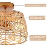 Woven Rattan Bamboo Brass Flush Mount Ceiling Light， Wicker Light Fixture for Entryway